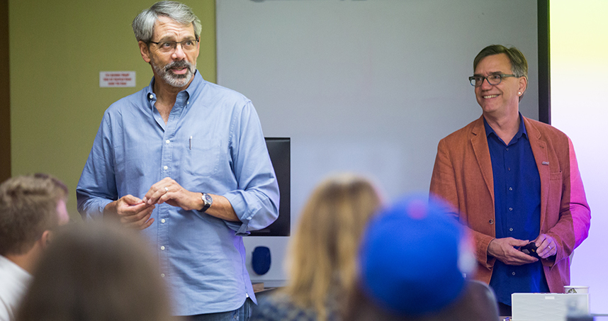 Dave Evans (left) and Bill Burnett visit Northwestern's class for a guest lecture.