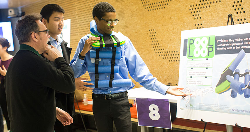 Kenneth Gomez, Ryan Fong, and Daniel Zhu explain the Pool Loop, designed to help a child with cerebral palsy swim.