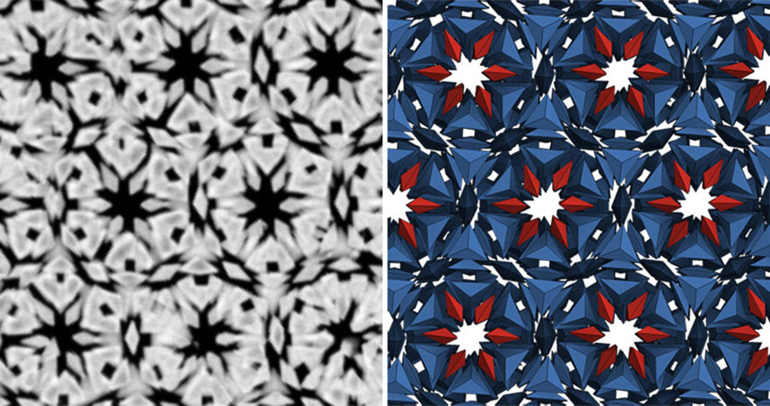 Left: an electron microscope image of a slice of the structure. Right: a matching slice from a simulation.
