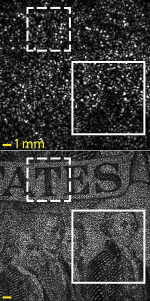 Details from a $2 bill taken from a distance of 1 meter by the SAVI prototype developed at Rice and Northwestern universities. The top image shows a speckle pattern created by firing a laser at the bill. The bottom shows the processed result after many such patterns were combined with a synthetic aperture program. Credit: Jason Holloway/Rice University