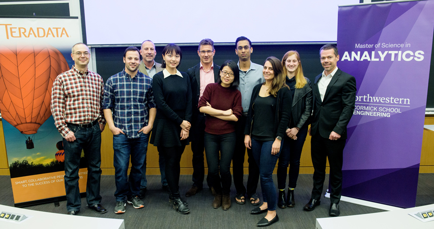 Members of the winning MSiA teams, Teradata representatives, and Hackathon judges.