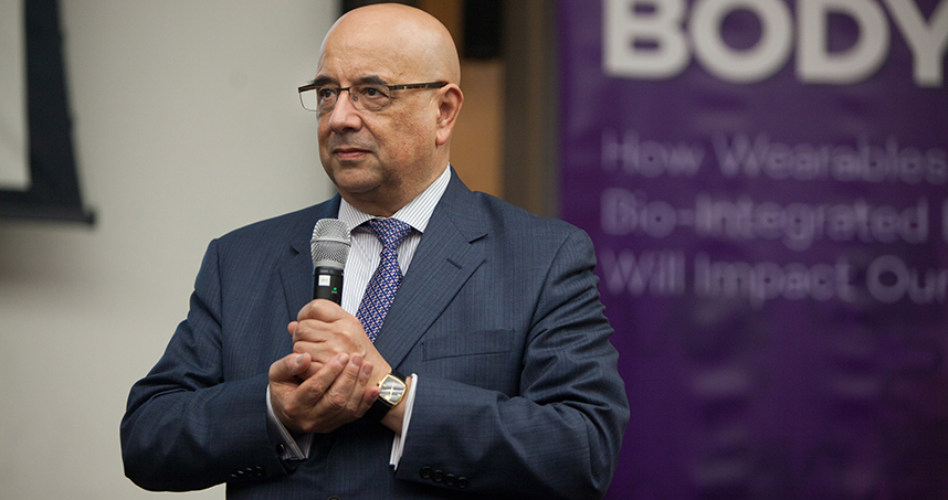 Dean Julio M. Ottino introduces "The Networked Body" symposium at the James L. Allen Center.