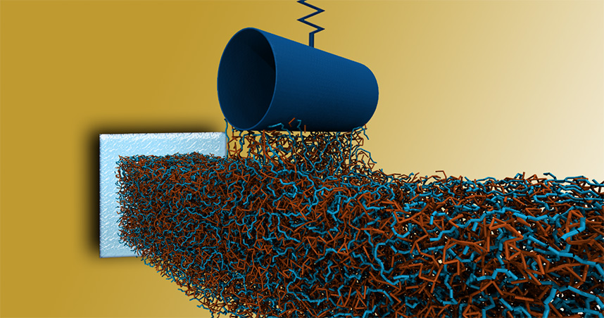 Snapshot of an indenter approaching a polymer confined by a rigid substance to probe mechanical properties.
