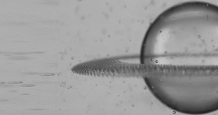 Rings of droplets encircle an oil drop's equator after the application of an electric pulse.