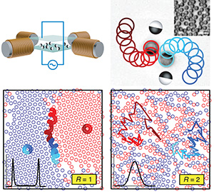 A schematic showing the thermodynamics of an active colloid mixture. Driven by external electromagnetic fields, Janus colloids perform circular motions, dynamically differentiating into two species. By varying the rotation's radius, the system can undergo a phase transition fully analogous to that of a thermal binary fluid.