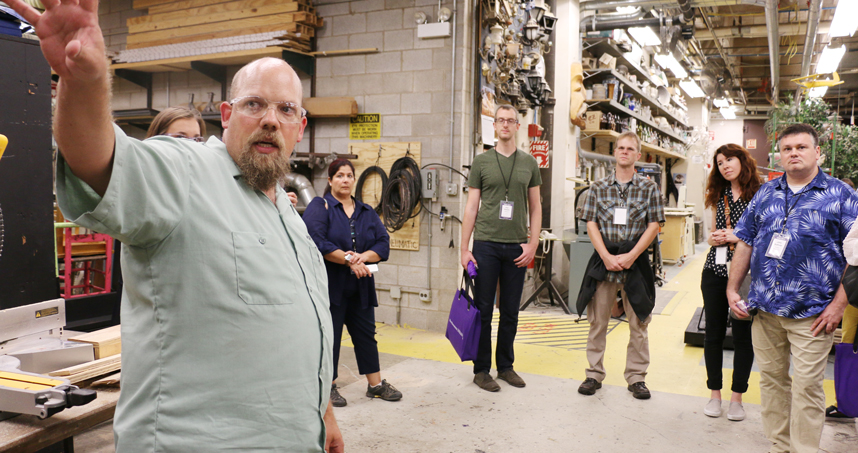 Aaron Laudermith gives a tour of the Northwestern School of Communication’s stage design shop. Credit: Cindy Koh