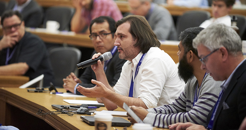 Guests pose questions to members of the fake news panel.