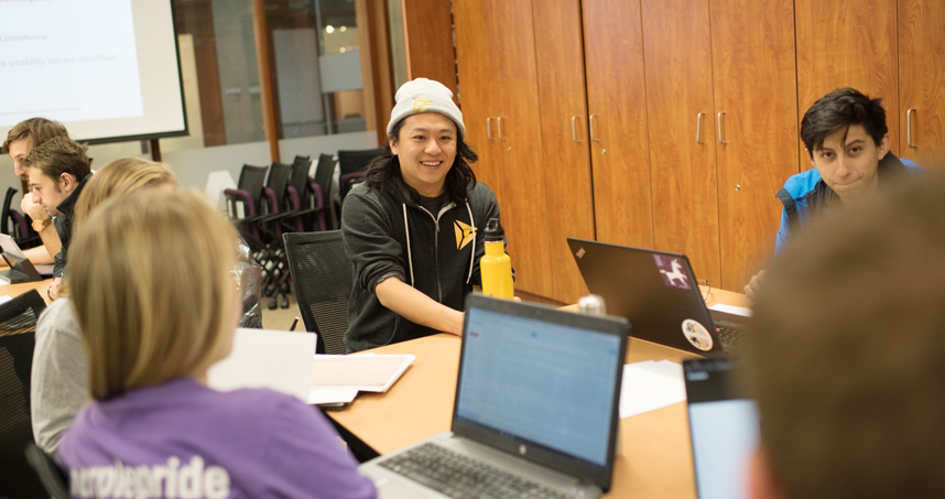 Haoqi Zhang works with EDI students in the DSGN 401-2: Human-Centered Design Studio 2 course.