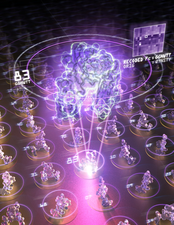 A new technique, dubbed GlycoSCORES, rapidly screens sequences for making glycoproteins. Artwork credit: Justin Muir