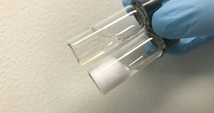 The hydrogel appears as a liquid state and solid after exposure to body temperature. (Credit: Ameer Research Lab)