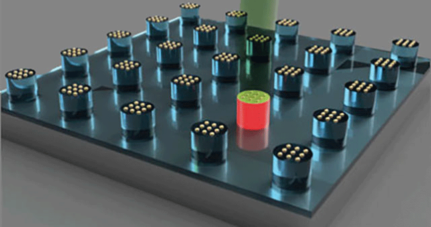 Illustration showing laser-induced heating of nanoparticles on micropillars for carbon nanotube growth.