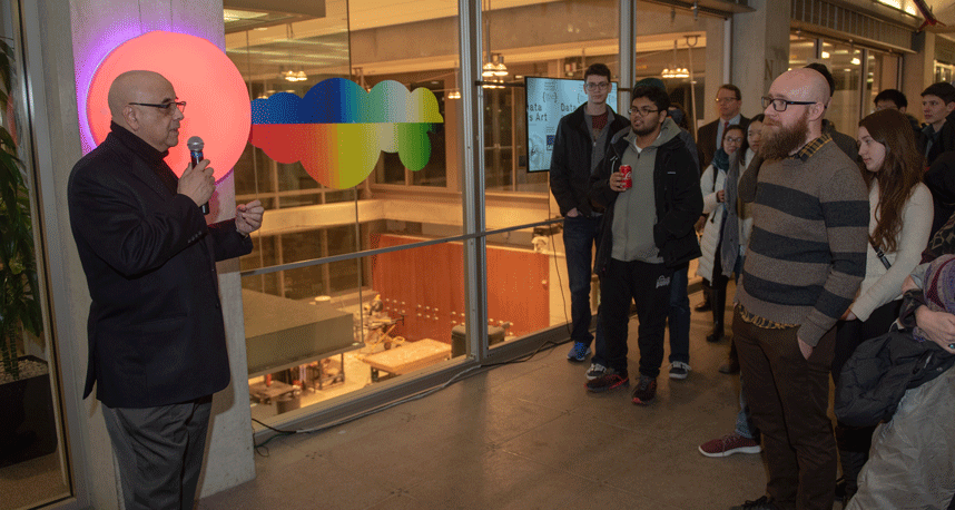 Dean Julio M. Ottino speaks at the 'Data as Art' reception in the Ford Motor Company Engineering Design Center.