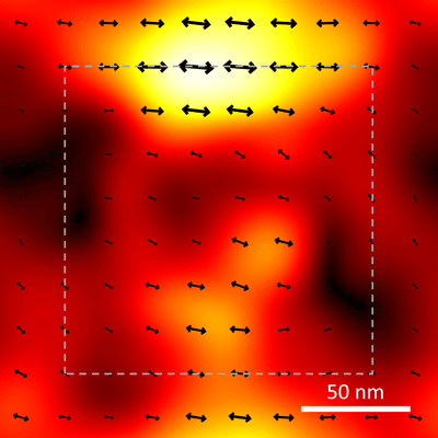 The size and direction of the arrows show the average local alignment of individual fluorescent molecules as a result of the strain produced by a square punch driven into the material, and then pulled out at an angle towards the top of the image. Credit: NIST