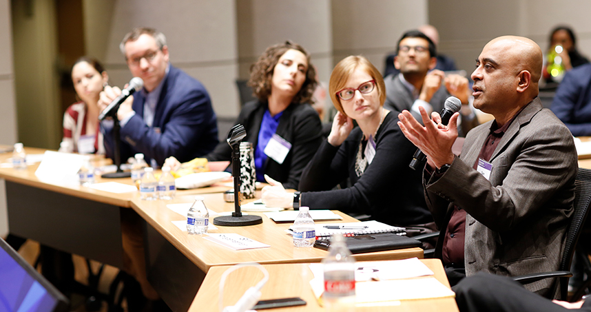 Sam Ranganathan of AbbVie posed a question to students as a judge for the project demos. Credit: Jasmin Shah