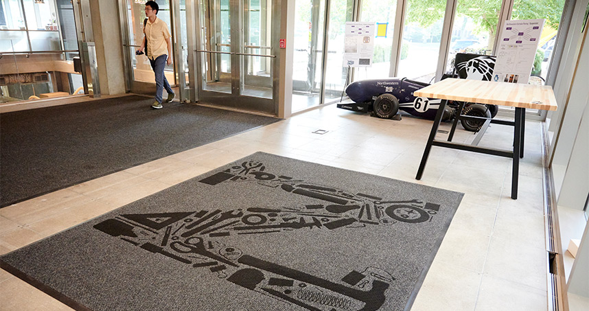 The renovated entryway of the Ford Design Center showcases student work to visitors. Credit: Joel Wintermantle