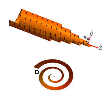 Top: A theoretically predicted cochleate shape, with arrows showing the projection of molecular tilt direction on the cochleate surface. The membrane folding direction coincides with the molecular tilt projection direction. Bottom: View along the long axis, showing the controllable interlayer spacing, D.