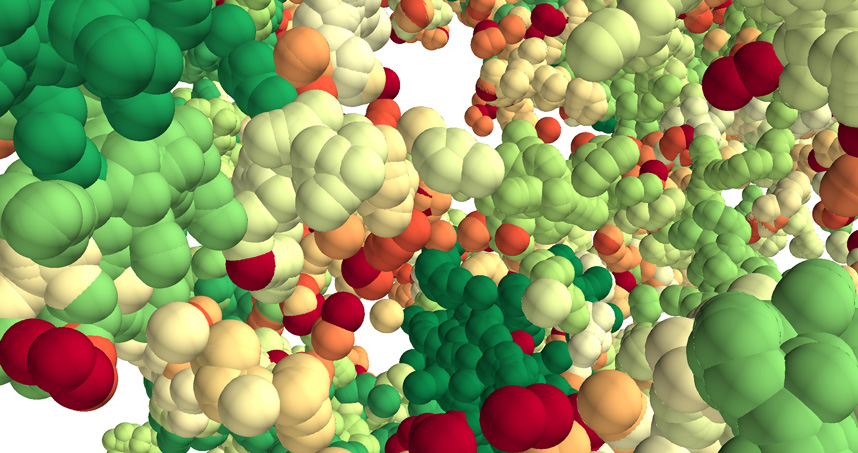 A 3D forest of chromatin predicted by the model. Tree domains are colored from red to green according to size. 