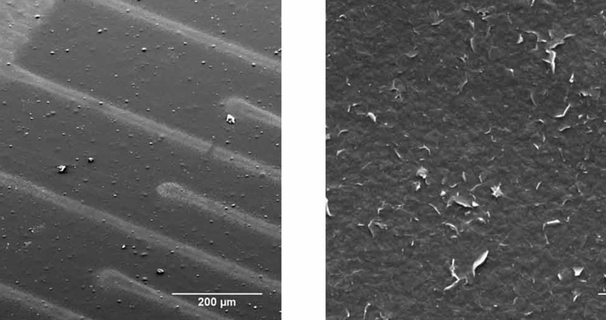 SEM micrographs displaying surface topography of graphene sheets at 150x (left) and 15000x (right) magnification.