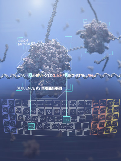 Ribosomal monomers are depicted in a keyboard and selected for incorporation into new polymers by the ribosome, expanding the chemistry of life. 