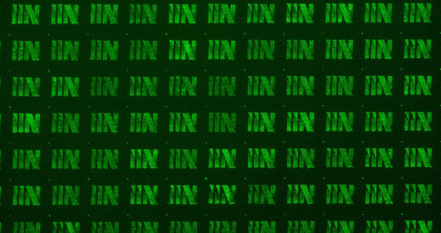Nanocrystal patterns of the IIN logo, with letters composed of nanocrystals that are 50 nanometers in size.