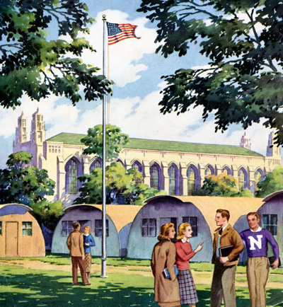 Illustration depicting Quonset huts on Deering Meadow. Credit: Northwestern University Archives