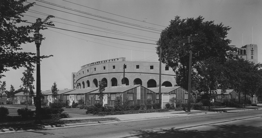 Rows of Quonset huts outside Dyche Stadium, now Ryan Field, in Evanston. Credit: Northwestern University Archives