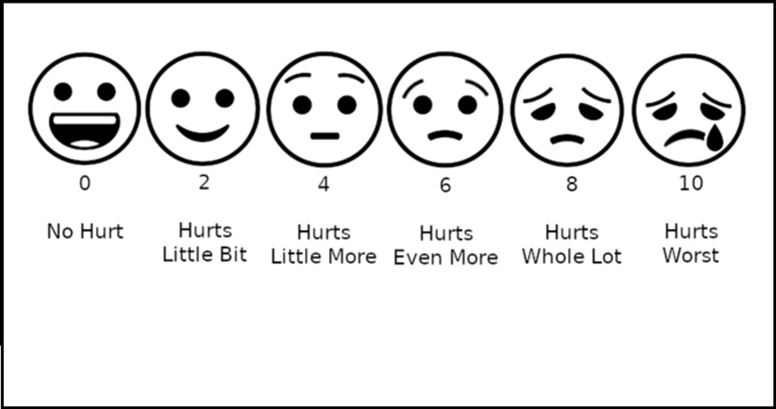 The Wong-Baker FACES Scale is commonly used to help patients assess and rate their subjective pain level.