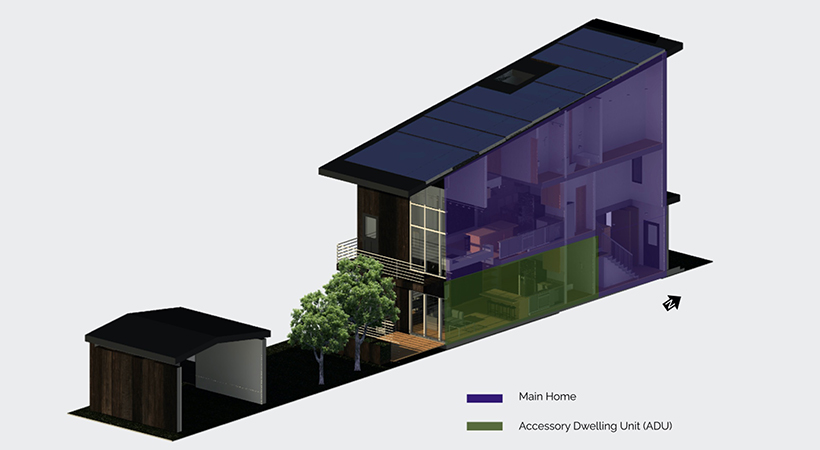 This image of the concept home shows structure’s roof that slants to the south to maximize its solar potential.
