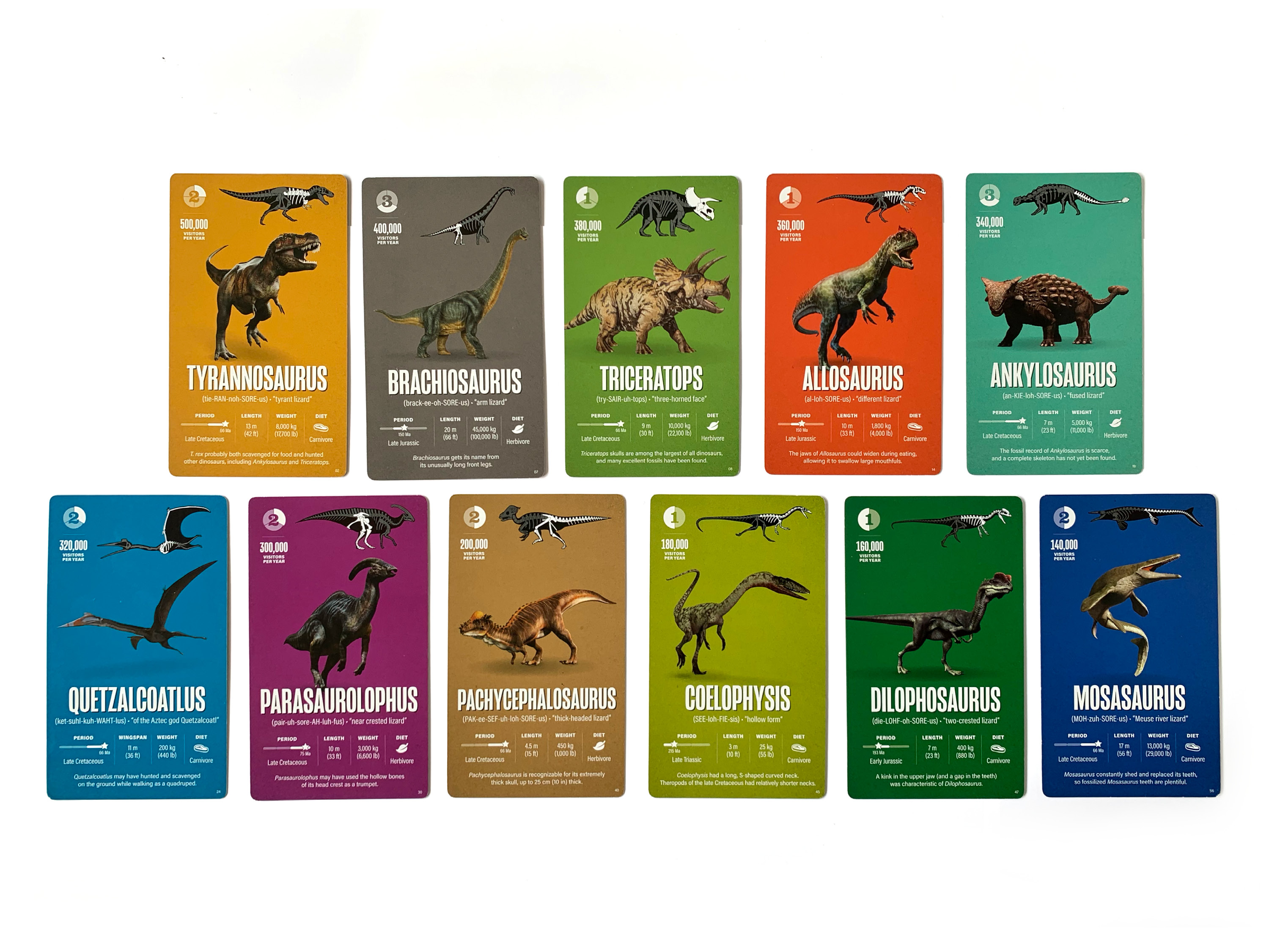 The game's cards are filled with information about dinosaurs, including pronunciations and when the creatures roamed the planet.