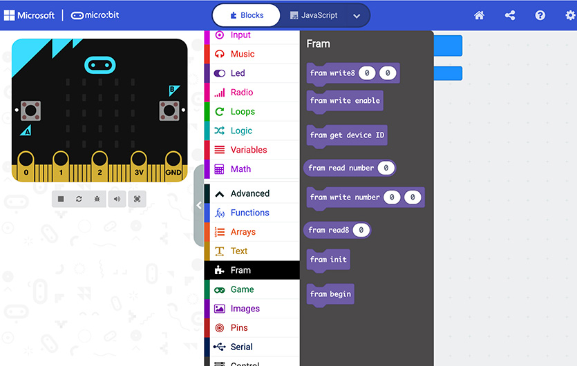 Battery-free MakeCode is an easy-to-use visual platform. Users simply drag and drop pre-written blocks of code to build games and program devices.