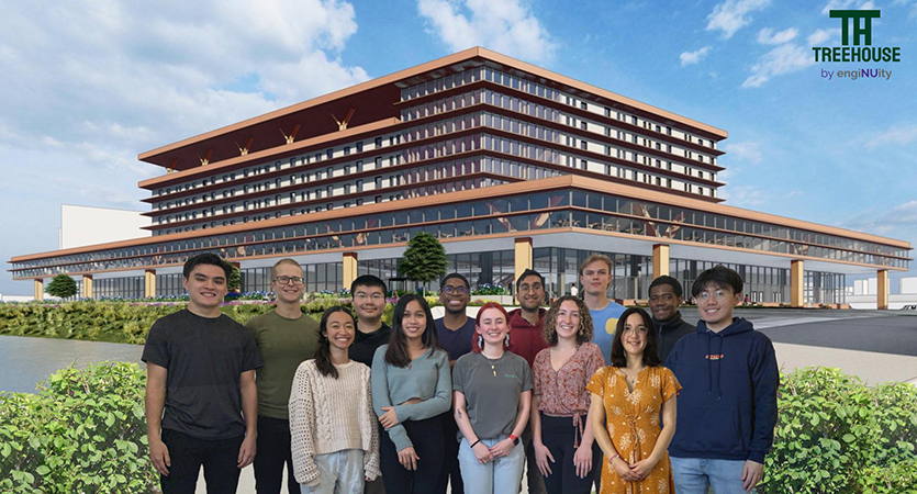 engiNUity’s team members hold interdisciplinary backgrounds from the civil and environmental engineering, materials science and engineering, engineering sciences and applied mathematics, and mechanical engineering departments. They are (back row, left to right): Luc Almony (CEE), Robert Szymczyk (CEE), Pang (Devin) Shen (CEE), Christopher Banks (CEE), Saahir Ganti-Agrawal (MSE/ESAM), Paul Abascal Larson (CEE), Peter Pinder (CEE), Aaron Huang (ME); (front row, left to right): Jessica Lee (CEE), Polen Ton (CEE), Ellie Fulkerson (CEE), Olivia Leonardis (CEE), Fay-Ling Laures (Undeclared).