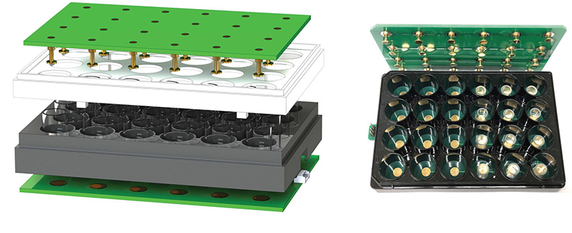 This graphic shows the computer-aided design diagram of the multiwell LEPD design (left), and a photograph of the assembled 24-well LEPD system (right).