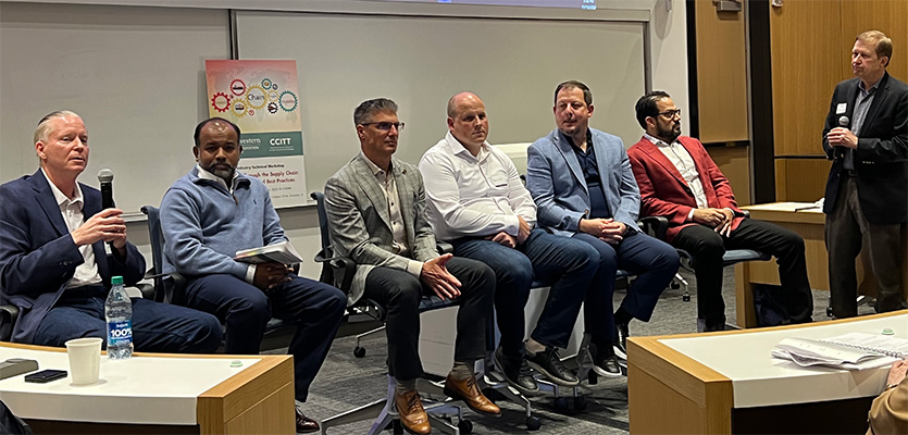 Jonathan Shaver speaks during the panel discussion. From left, he was joined by Danesha Marasinghe, Fabrizio Brasca, Bob Chappuis, Bart De Muynck, Omar Singh, and moderator Peeter Kivestu.