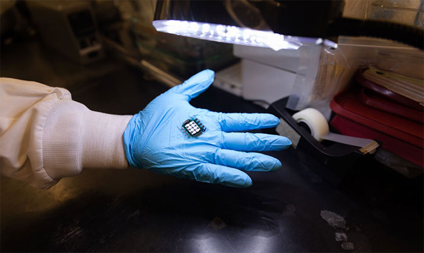 This prototype all-perovskite tandem solar cell measures one square centimeter and has a power conversion efficiency of 27.4 percent, which is higher than is currently possible with traditional single-junction silicon solar cells. Photo: Aaron Demeter/U of T