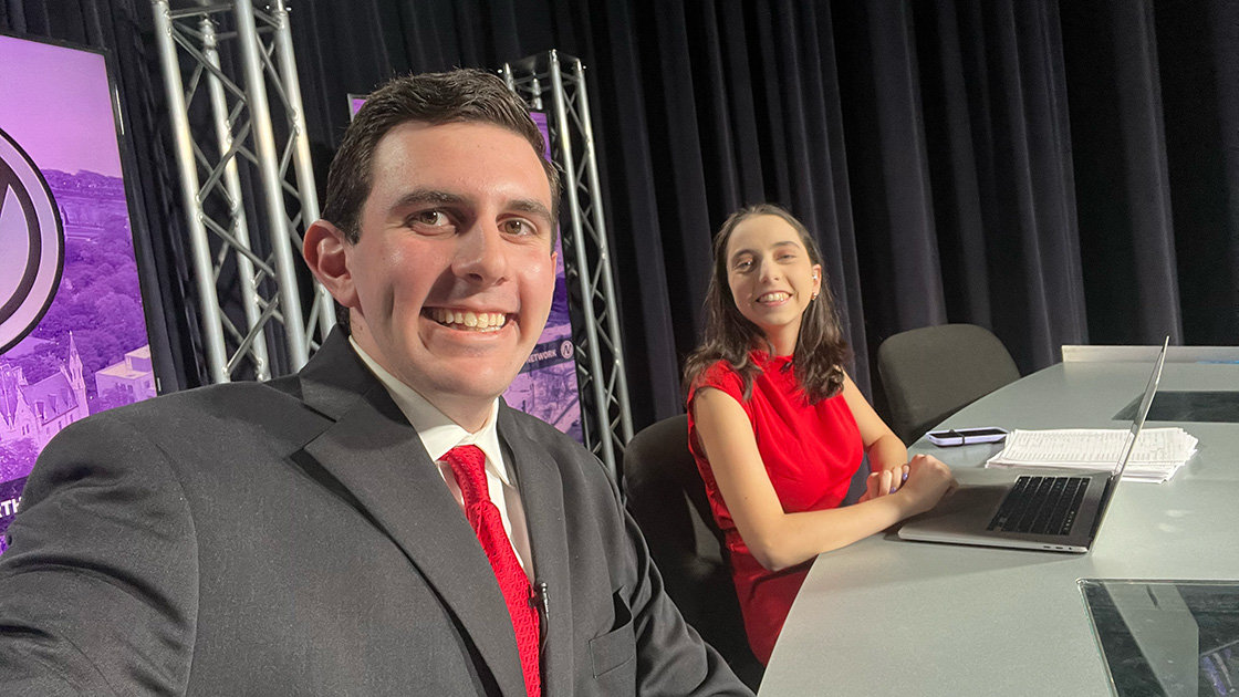Rothfeder and colleague Gabrielle Khoriaty enjoy a lighter moment on set.
