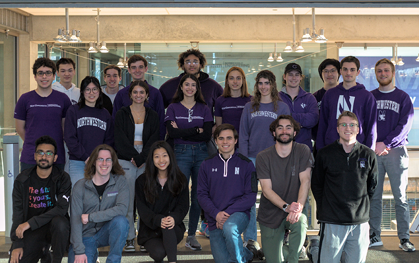 The multidisciplinary team included members from numerous McCormick departments. Back row, left to right: Justin Chang Stauffer, Luke Fahrney, Ian Falck, Tyler James Nanoff, Zoey Muller-Hinnant, Jaime Berkovich, Daniel Guo, Liam Warlick. Middle row, left to right: Margaret Gao, Rebecca Goldenson, Xitlalli Castañeda, Fiona Ireland, Trevor Abbott. Front row, left to right: Vishu Gupta, Daniel Lynch, Elaine Liu, Julian Rocher, Matthew Queen, Ben Taalman.