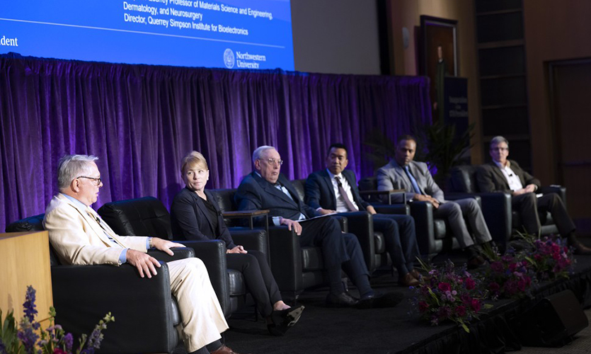 Panel participants (from left) Douglas Vaughan, Shana Kelley, Eric G. Neilson, Abel Kho, Guillermo Ameer, and John Rogers. 