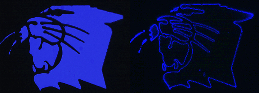 The reference (no metasurface) and edge detected (with metasurface) images of the Northwestern Wildcats logo.