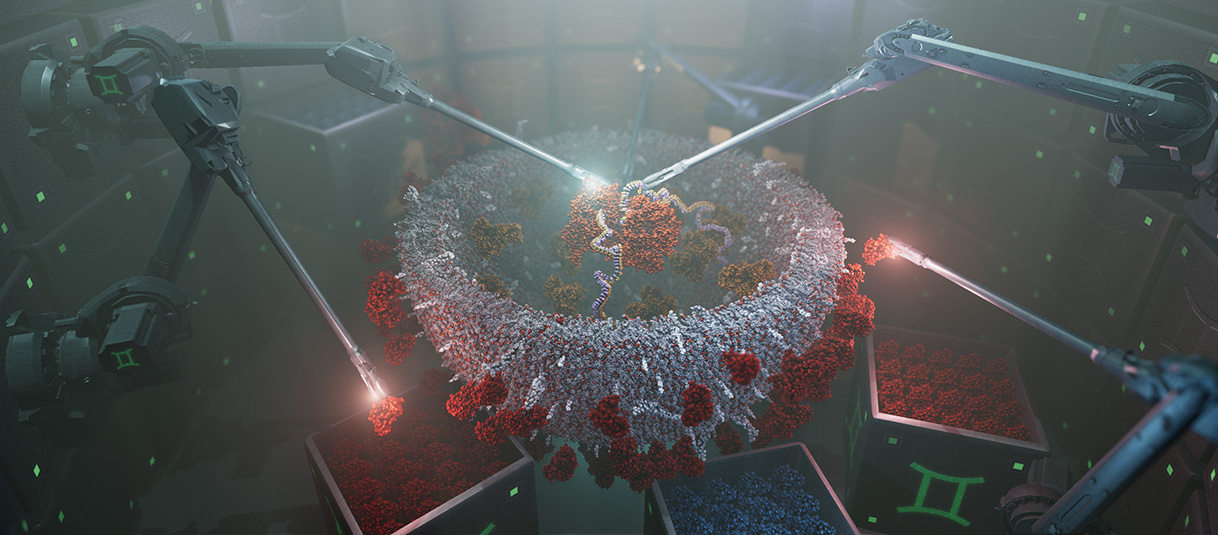 A conceptual depiction of the GEMINI technology for assembling custom gene delivery vehicle