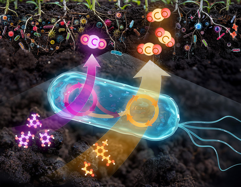 Illustration of soil with a close-up of a bacterium and the cellular pathways involved in carbon dioxide production. Available substrates from soil organic matter are processed through specific pathways with different amounts of carbon dioxide output flux.