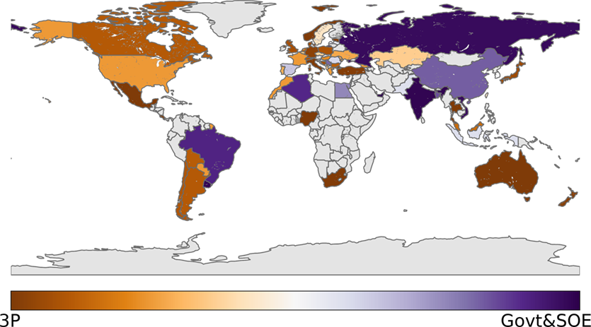 The majority of the Internet traffic in the brown-shaded countries are served by third parties, while purple-shaded countries use government or state-owned enterprises.