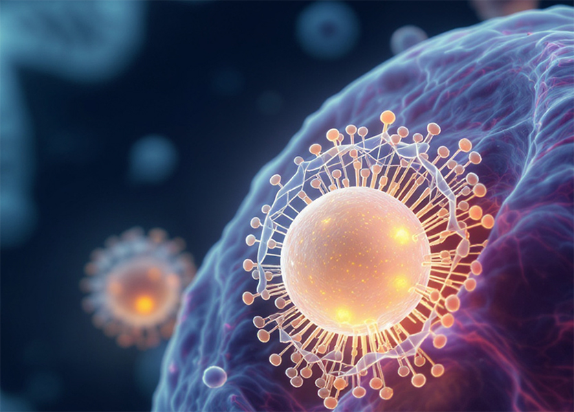 An artistic interpretation of a spherical nucleic acid (SNA) nanoparticle, carrying CRISPR cargo, entering a cell. When inside an SNA nanoparticle, CRISPR machinery enters cells three times more effectively. | Mirkin Group