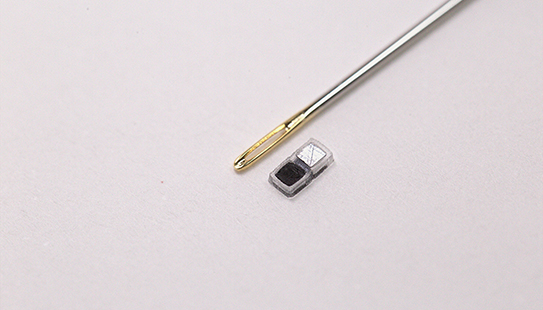 The world’s smallest pacemaker (shown here next to the eye of a sewing needle for scale) is particularly suited to the small, fragile hearts of newborn babies with congenital heart defects. After pacing is no longer needed, the device dissolves inside the body, bypassing the need for a second surgery.