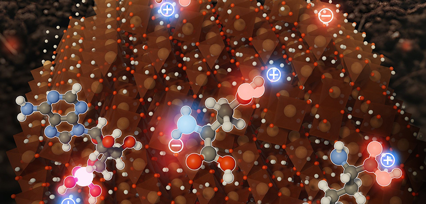 This image depicts the non-uniform distribution of charges on the surface of iron oxides attracts diverse types of organic compounds through mechanisms with different binding energies.