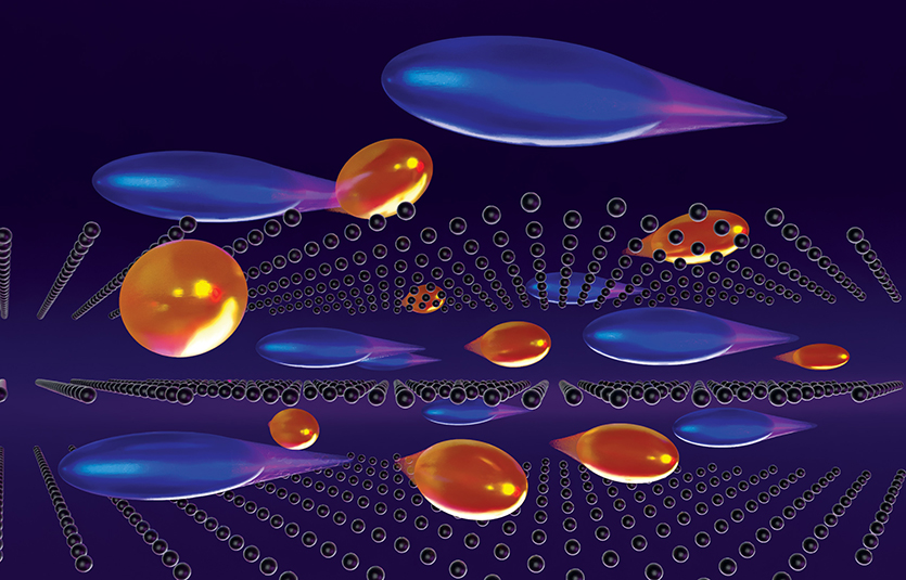 This image depicts charge transport in a transverse thermoelectric, with holes (blue) and electrons (orange) traveling in orthogonal directions aligned with respect to the underlying crystal lattice (black).