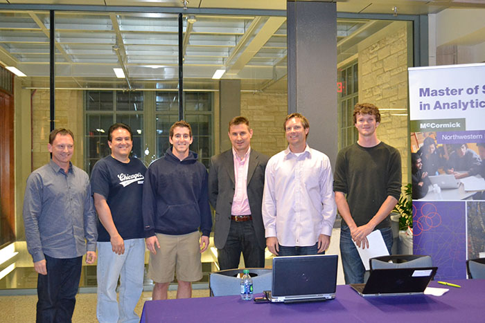 Winning team with Lee Paries, Peter Schmidt, Kyle Hundman, Prof. Diego Klabjan, Russ Ratshin, and Ewan Oglethorpe