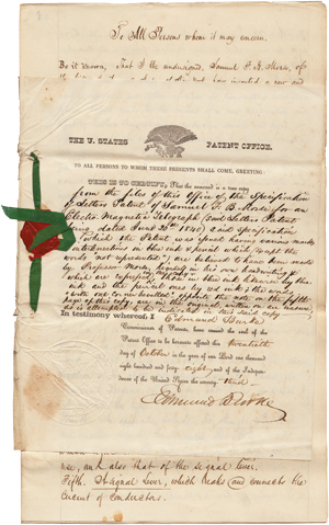 Copy of the patent for the original telegraph courtesy of National Archives and Records Administration