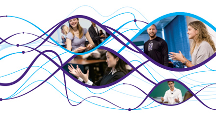 Undulating purple and blue lines with images of students embedded in between