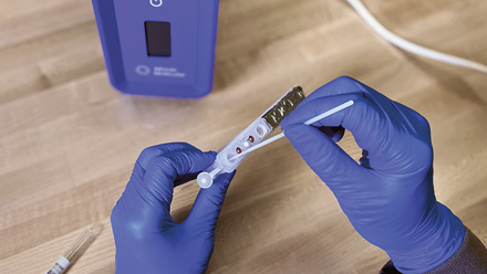 Gloved hands using a PCR test