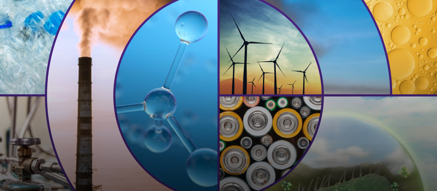 Various graphics depicting energy research including wind turbines, hydrogen molecules, and plastic waste